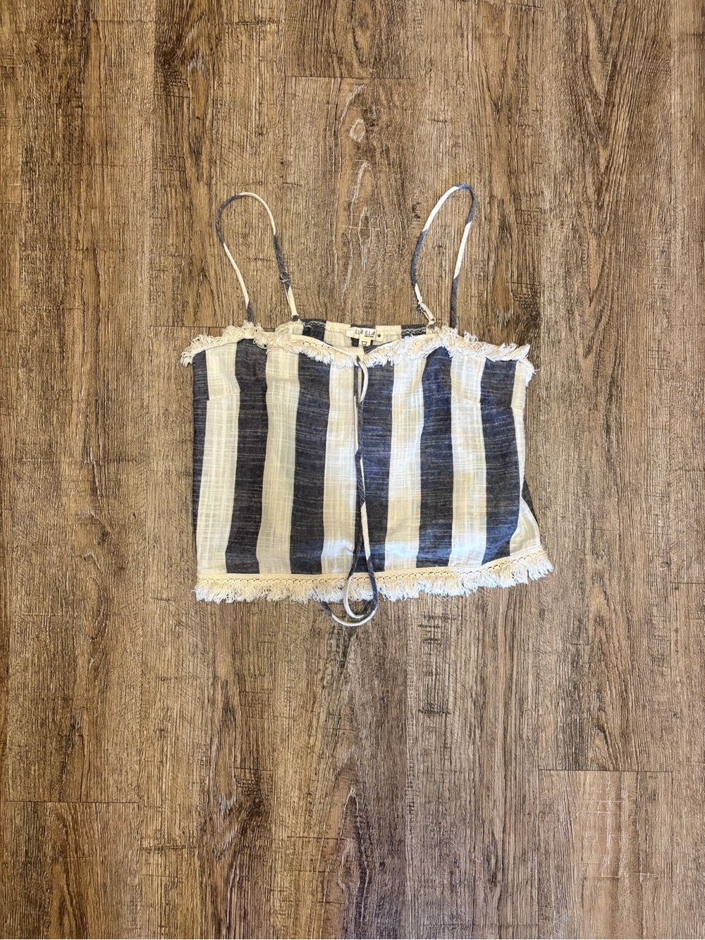 ILLA ILLA Navy & Cream Striped Fringe Crop Top size M